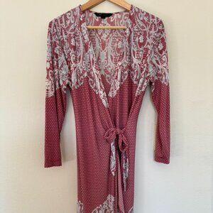 BCBGMaxazria Adele Wrap Dress, Red with Lace Print Design, Size L